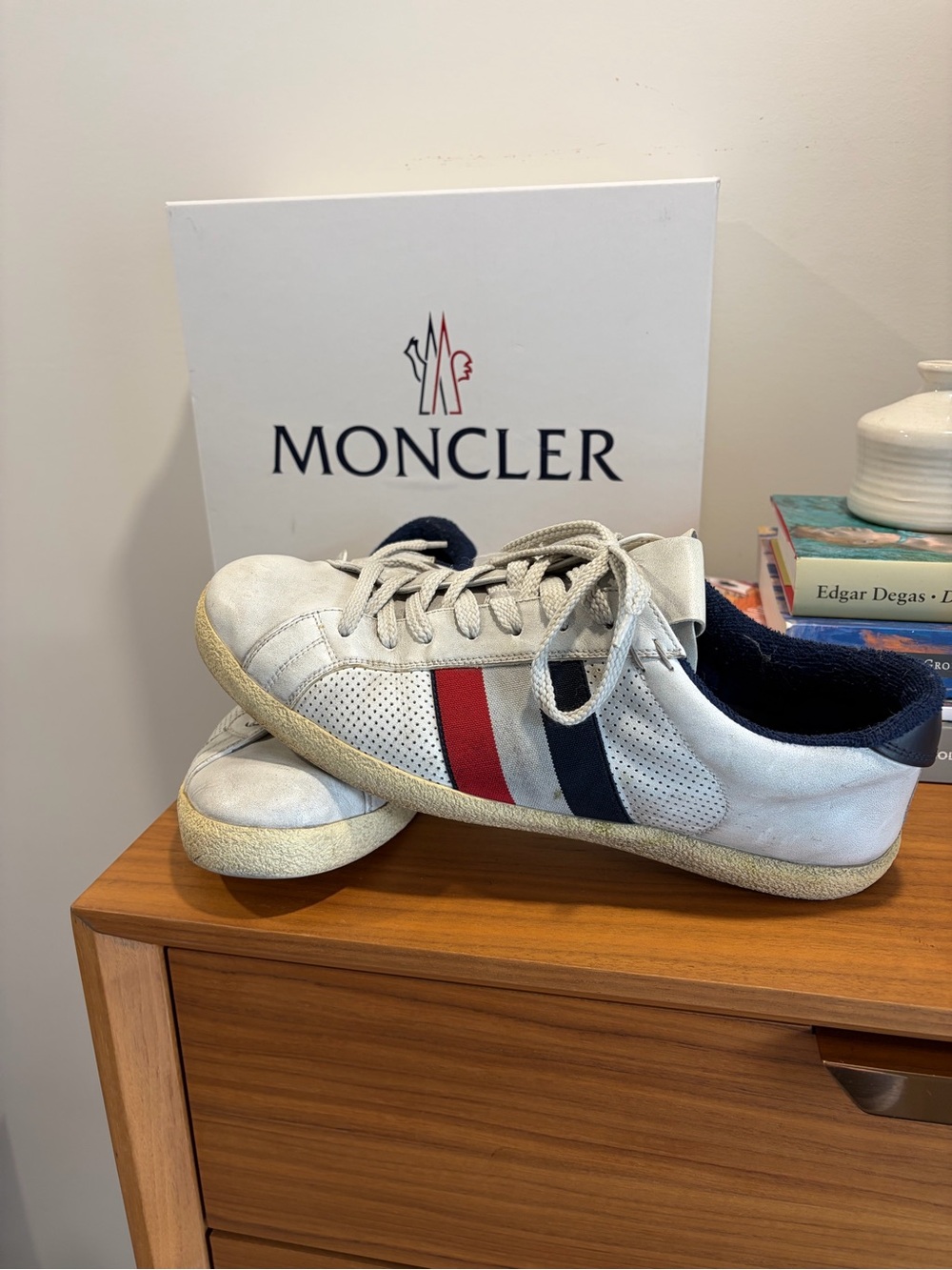 Moncler White Leather Sneakers with Red & Navy Stripe Accents